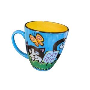 House Kats By Nolan Ceramic Mug "Can You Dig It?" Catnip Design Blue & Yellow 3.